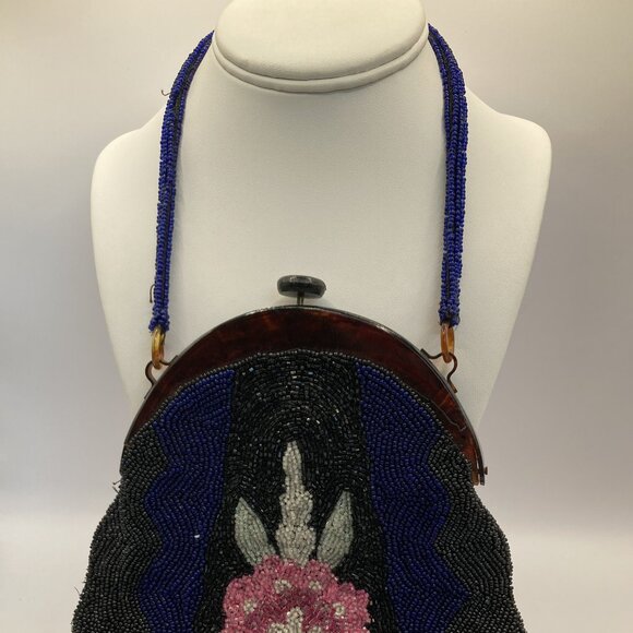 Hand Beaded and Sewn Beaded Bag/Purse wit Tortoise Shell Frame Antique Victorian - Picture 2 of 10